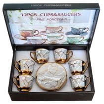 Conjunto 12 Peças, Xícaras para Café 80ml Luxo com Detalhes Dourados - 99mx