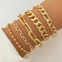 Conjunto 5 Pulseiras Femininas Dourada Prata Bracelete Joias Corrente Elo Ajustável - Burnaby