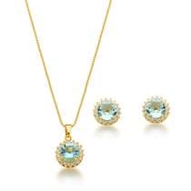 Conjunto Colar e Brinco Ponto de Luz Azul Claro Banhado a Ouro 18k - Atraktiva Joias