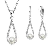 Conjunto Colar e brincos Gota Perolado feminino Prata 925 Com Caixa - Amor Lindo