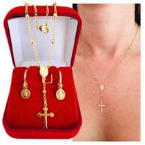Conjunto Colar Terço E Brinco Rosário Medalha Milagrosa Banhado a Ouro 18k - Dinis Joias
