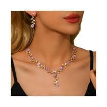 Conjunto De Colar E Brincos Feminino Com Cristais E Folhas Em V, Joias Para Festas E Eventos - NONE