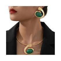 Conjunto De Colar E Brincos Geométricos Espirais Verdes Retrô De Metal Para Mulheres - Joias De - ZHIXUN
