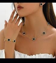 Conjunto Luxuoso Joias Trevo Prata Ouro 18K Ônix Negro Colar, Pulseira, Brincos - vns