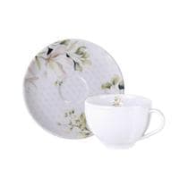 Conjunto Xícara e Pires de Chá Porcelana 250ml Tramontina Magnólia Branca Decorada