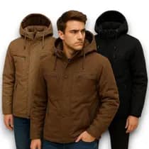 Jaqueta Masculina Sarja Forrada Com Pelo Capuz Removível Peluciada Frio Top Inverno Outono - EN
