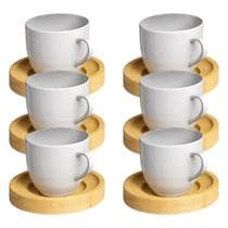 Jogo 6 Xícara Café Branca Com Pires Madeira 95ml - MUNDO DA PORCELANA