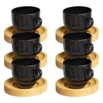 Jogo 6 Xícara Café Preta Com Pires Madeira 95ml - MUNDO DA PORCELANA