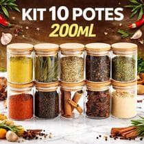 Jogo De 10 Potes 200ml Herméticos De Vidro Tampa De Bambu - Praticasa