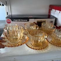 Jogo de xícara dourada de café com pires pétala 12 peças 100ml kit conjunto xícaras ambar cantinho do cafe chá leite - NoBrand