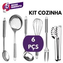 Kit 06 Utensílio Cozinha Inox Concha Colher Arroz Garfo Trinchante Escumadeira Pegador Batedor - SQ
