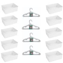 Kit 10 Cestos Multiuso Decorativo e 20 Cabides Infantis Branco - 123 Organizei