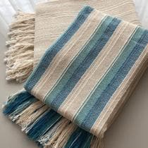 Kit 2 Mantas Para Sofá Azul De Faixa E Cru Luxo 100% Algodão Tear Mineiro Artesanal - Ms Têxtil