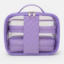 Kit 3 Necessaire Transparente Feminina Organizador Estojo de Maquiagem Viagem Blogueira Lilás - Pikuka