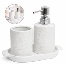 Kit Banheiro 3 Peças em Porcelana Luxo com Bandeja, Porta Escova e Dispenser 270ml Conjunto Elegante para Lavabo - Jhamba