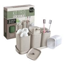 Kit Banheiro 3 Peças Lavabo Porta Algodão e Sabonete Líquido com Dispenser, Estojo Dental e Bandeja - Usual Utilidades