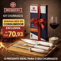 Kit churrasco 3 peças mondial aço inox faca garfo amolador profissional resistente
