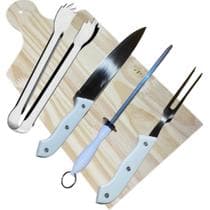 Kit Churrasco Com 5 Peças Aço Inox Tabua Garfo Faca Chaira Pegador - Art House