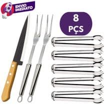 Kit Churrasco Tábua de Corte Madeira Bambu E Garfo Trinchante Inox E Faca Peixeira Cabo Madeira - H&M