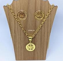 Kit Colar e Brincos Feminino Corrente Elo Português Folheado Ouro Dourado com Pingente Medalha Árvore da Vida Família - LVO