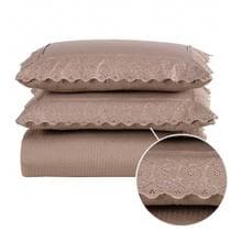 Kit Colcha Cobre Leito cama Casal 3 peças percal 300 Fios com Bordado ingles cinza rosa caqui
