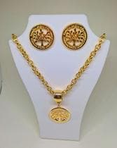 Kit Conjunto Colar e Brincos Arvore da Vida Corrente Elo Português Feminino Folheado Ouro 18k Gargantilha - Carvalho Folheados