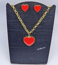 Kit Conjunto Colar e Brincos Feminino Corrente Elo Português Folheado Ouro com Pingente Coração Vermelho Luxo Moda - LVO
