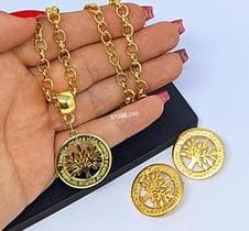 Kit Conjunto Colar e Brincos Feminino Corrente Elo Português Folheado Ouro Dourado com Pingente Medalha Árvore da Vida - LVO