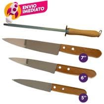Kit Faca Peixeira Profissional 5 6 7 Polegada Chaira 7 Aço Inox Cabo Madeira Jogo Churrasco Cozinha - H&M