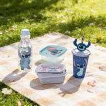 Kit Garrafa Stitch Squeeze Copo Refrí Canudo 3 Potes Conect Marmita Hermética Escola Academia Infantil Plasutil Disney