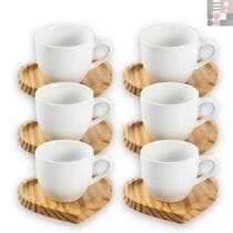 Kit Jogo 6 Xícaras de Café Em Porcelana Com Pires Coração Em Madeira Pinus - Chocolate Nespresso Dolce Gusto, Canecas
