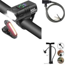 Kit Lanterna E Farol Bike Luz Ultra Led Prova D'agua Recarregável com Bomba de Ar mais Cadeado Tranca Bicicleta - LF PRESENTES