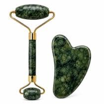 Kit Massageador Facial Rolo Duplo Gua Sha Pedra Natural Verde Skincare AntiRugas Drenagem Linfática Olheiras Relaxamento Pescoço - Genérico