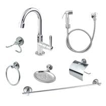 Kit Para Banheiro Acessórios Metal Inox + Torneira Banheiro Lavatório 1198 + Ducha Higiênica Kit Completo 7 Peças 2122 - Malu Metais