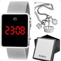 Kit Relógio Feminino Digital Prata Casual Moderno com Caixa Presente Premium e Pulseira Berloques Luxo Tendencia - Orizom