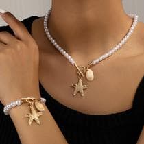 L0810-Conjunto Feminino Colar e Brinco Dourado Estrela Do Mar Concha Pérola Festa - xumi_xumi_xumi