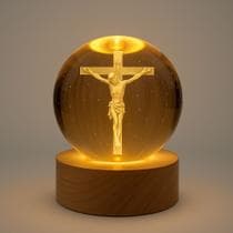 Luminária de Mesa Bola de Cristal Abajur para Sala Vintage Base Madeira Jesus Cristo 3D USB Bíblia - NoBrand