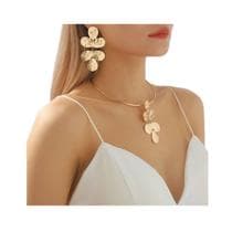 N-L0383-Conjunto Feminino Colar e Brinco Dourado Grande Flores Festa Carnaval Praia Festivais De Música - xumi_xumi_xumi