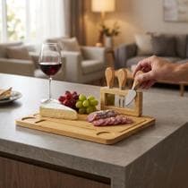 Petisqueira Quadrada Bambu Com Kit 3 Facas Cortador De Queijos E Frios Tabua Para Servir Aperitivo - Y888