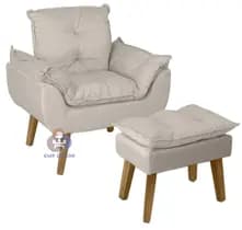 Poltrona/Cadeira Decorativa E Puff Glamour Bege Com Pés Quadrado - Bege - SMF Decor