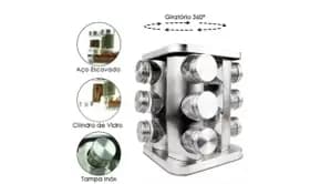 Porta Tempero Giratório Inox 12 Potes Vidro Dosador Cozinha - Iddeale