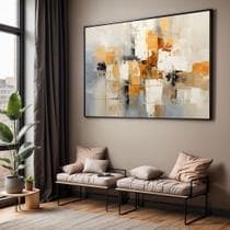 Quadro com Moldura Sala Quarto Pintura Arte Abstrato Bege Branco Marrom Dourado Decorativo Horizontal Grande Hall - Art in Decor