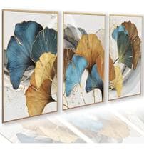 Quadro De Parede Sala Arte Moderna Ouro Folhas Kit 3 Pçs Hd - Decore Quadros