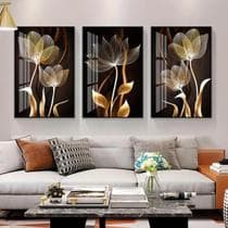 Quadro decorativo 3 peças 40x60 3mm Abstrato preto flor dourada decoração para casa sala quarto