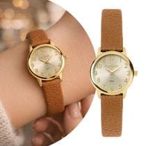 Relógio Analógico Feminino Marrom e Dourado com Pulseira de Couro e Caixa de Aço Inoxidável à Prova D Água Elegante Luxo Condor