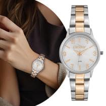 Relógio Feminino Bicolor Prata e Rosé Analógico de Pulso com Caixa e Pulseira de Aço Inoxidável Pequeno Delicado Fashion Luxo Elegante Condor
