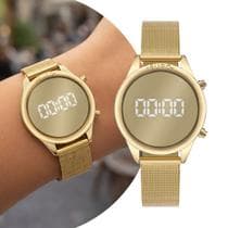 Relógio Feminino Digital Dourado com Caixa e Pulseira de Aço Inoxidável à Prova D Água Elegante Luxo Fashion Euro
