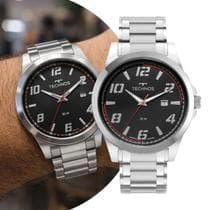 Relógio Masculino Analógico de Pulso com Caixa e Pulseira de Aço Inoxidável à Prova D Água Prata Preto Casual Social Luxo Technos