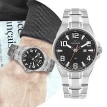 Relógio Masculino Analógico de Pulso Prata e Preto com Caixa e Pulseira de Aço Inoxidável Resistente à Água em 10 ATM Casual Social Luxo Technos