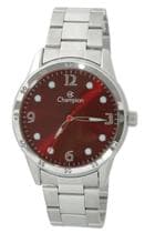Relógio Masculino Champion Social Prata Todo em Aço Fundo Vermelho Bordô Prova Dágua 50m CH30386V